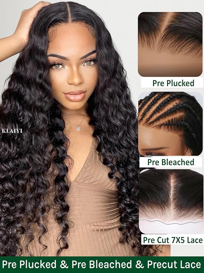 KLAIYI Water Wave Bye Bye Knots Glueless Wig Human Hair 7x5Precut Lace Front Pre Plucked Bleached Wear and Go Wig with Curly Baby Hair Drawstring 3S Ready to Go Pre Everything Beginner Friendly 14Inch