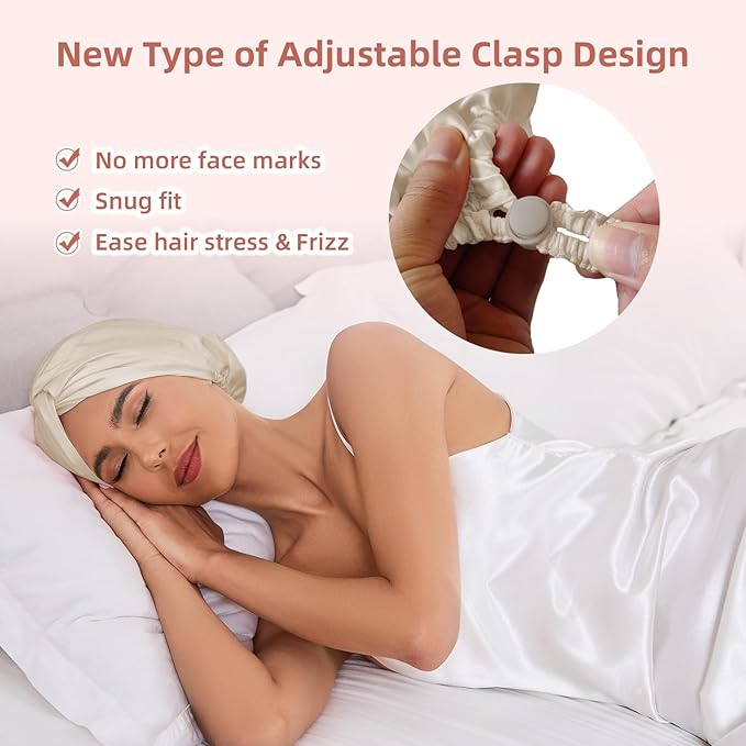 Adjustable Silk Satin Hair Bonnet for Sleeping Women, Double Layer, Silk Hair Wrap for Sleeping Women Men, Curly Natural Braid Straight Unisex - Champagne