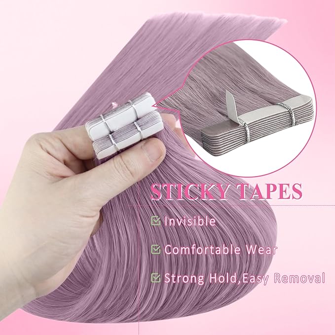 YoungSee Human Hair Tape in Extensions Light Purple 20 Inch Hair Extensions Tape in Purple tapes extension human hair 25g 10pcs Long-Hair for Special Events