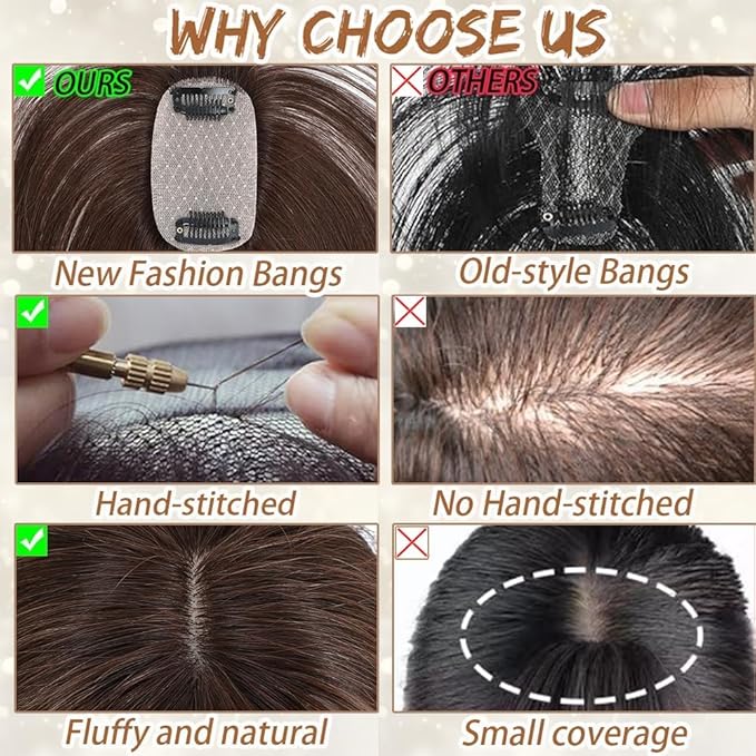 Amchoice Hair Toppers for Women Real Human Hair, Bangs Hair Clip 360° 3D Cover Bangs, Human Hair Toppers for Women Daily(Medium Brown, 3D Wispy Bangss (5 * 9))