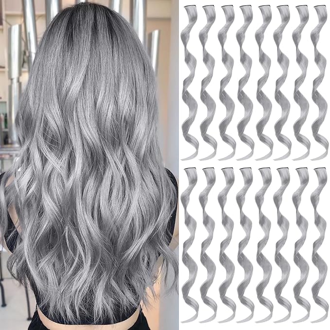 16 Pcs Colored Hair Extensions Curly Wavy Clip in Synthetic Hair Extensions,Colorful Sliver Gray Highlights Hairpiece Streak for Girls Women Kids Christmas Cosplay Party Gift(Grey)