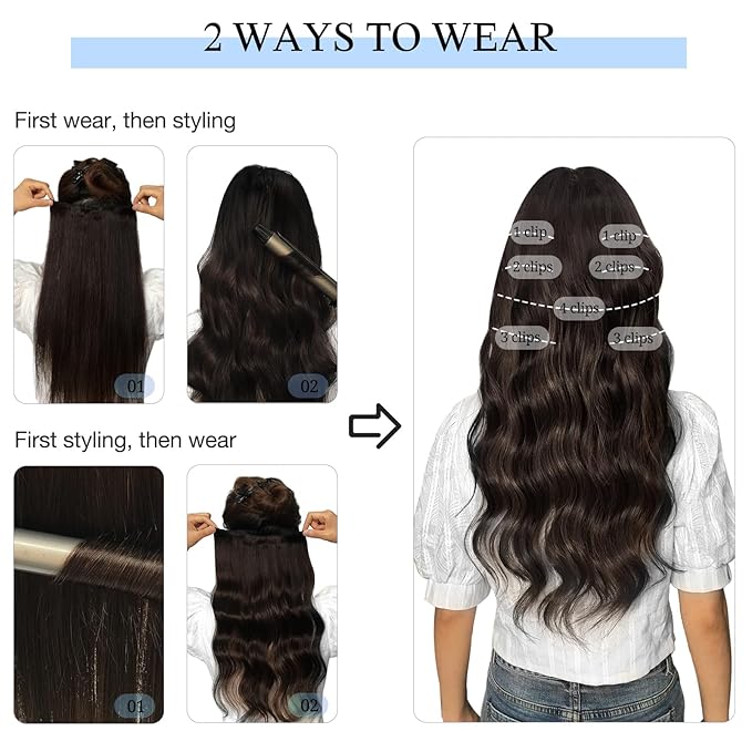 DOORES Human Hair Clip in Extensions, Medium Brown Highlighted Dirty Blonde, 24 Inch 7pcs 120g, Remy Straight Natural Real Hair
