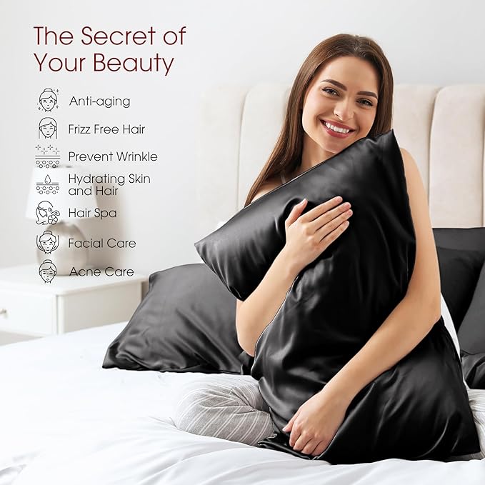 100% Silk Pillow Cases 2 Pack Standard Size Mulberry Silk Pillowcase for Hair and Skin Set of 2 Highest Grade 6A Silk Soft Breathable Cooling with Hidden Zipper, Black