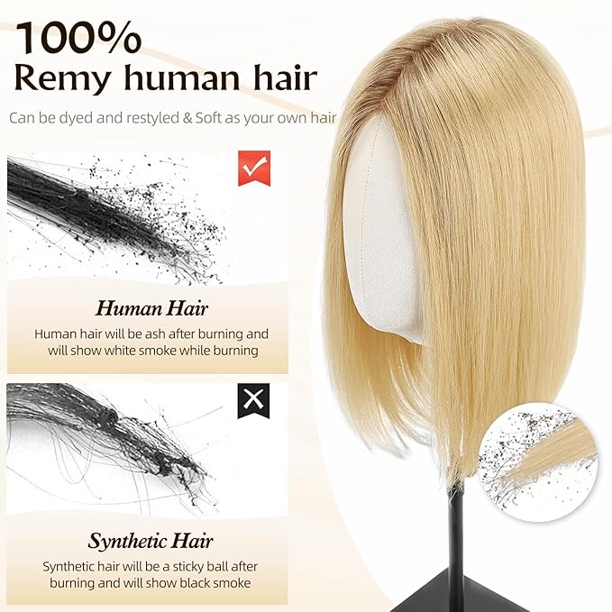 Large MONO Top Hair Toppers for Women Remy Human Hair 14 Inch 6"x7" Big Base Partial wig Cover Thinning Hair or Loss No Bangs Natural Wiglets (Blonde Mixed Brown)