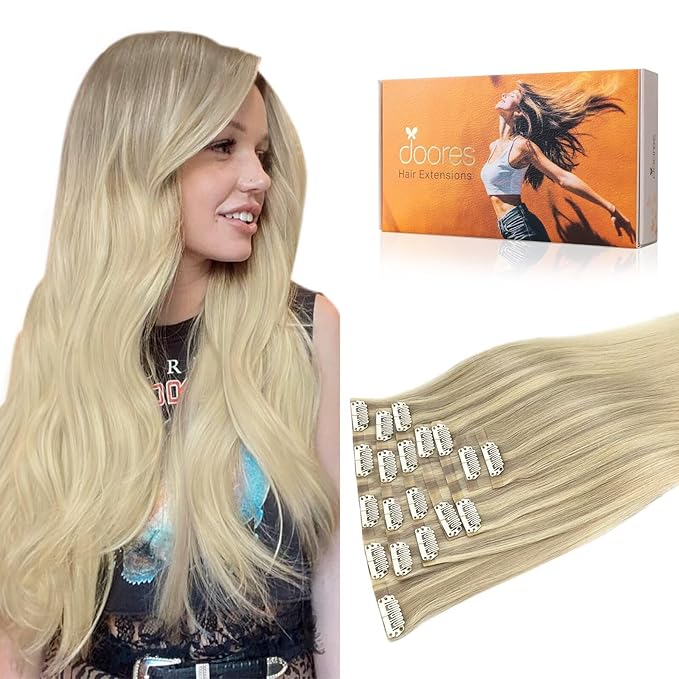 DOORES Human Hair Extensions - Ash, Golden, and Platinum Blonde - 22 Inch, 7pcs, 110g - Invisi Edge Seamless Clip in Real Human Hair Straight