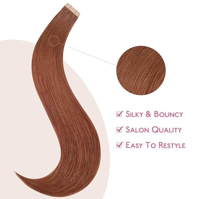 WENNALIFE Tape in Hair Extensions Human Hair Dark Auburn Copper Tape in Extensions, 10pcs 25g 18 inch Remy Invisible Tape Ins Straight Colored Soft Real Human Hair Tape in Extensions Refill Set Extens