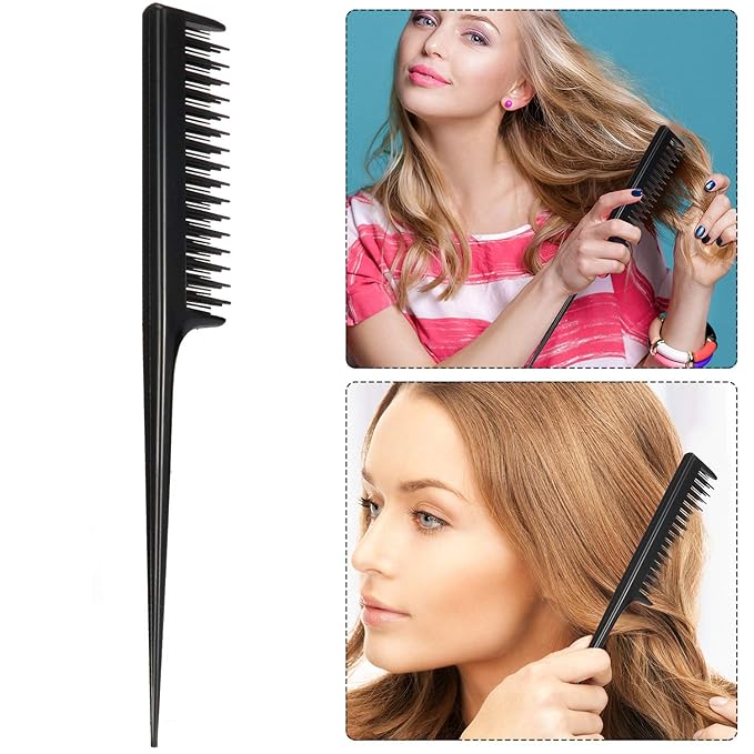 Leinuosen 3 Pcs Triple Teasing Comb Rat Tail Tool Tease Layers Pintail Comb for Women Back Root Teaser Adding Volume Structure Styling(Black)
