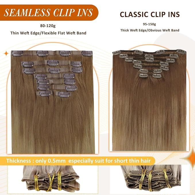 Full Shine Brown Seamless Clip in Hair Extensions Real Human Hair Brown Ombre to Blonde Hair Extensions 20 Inch for Women Hair Extension Real Human Hair PU Clip ins 120 G 8 PCS