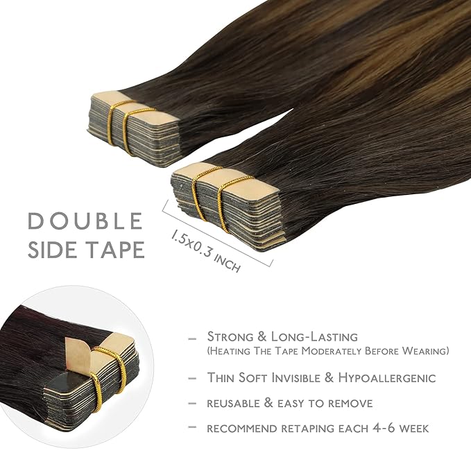 WENNALIFE Tape in Hair Extensions Human Hair, 20pcs 30g 10 inch Balayage Dark Brown Mixed Chestnut Brown Remy Hair Extensions Straight Human Hair Tape in Extensions Skin Weft Extensions