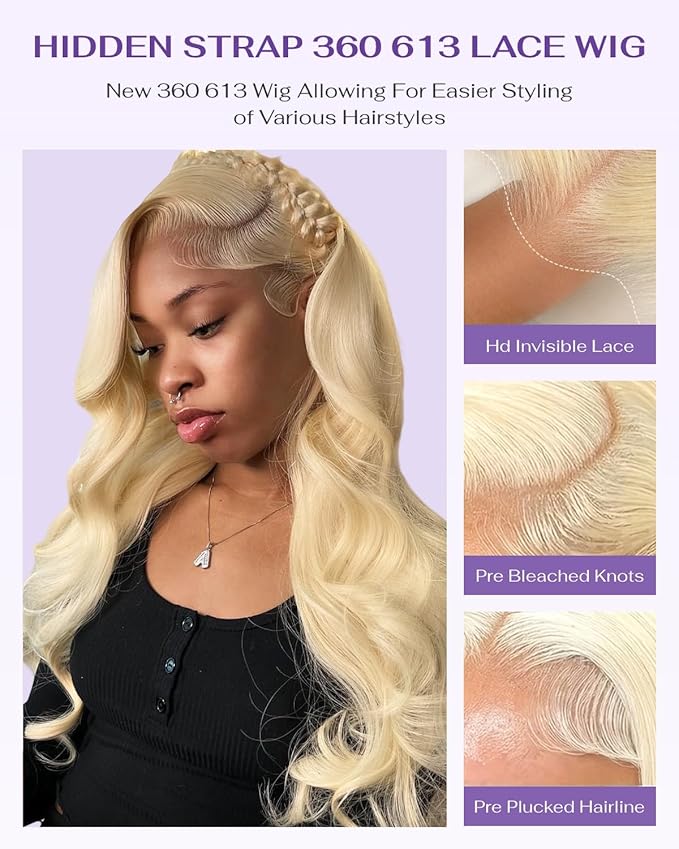 Hidden Strap Body Wave 360 613 Lace Front Wig Human Hair Glueless Wigs Human hair Pre Plucked Pre Bleached 180% Density Blonde Wig With Drawstring HD Full Lace Human Hair Wigs 38Inch