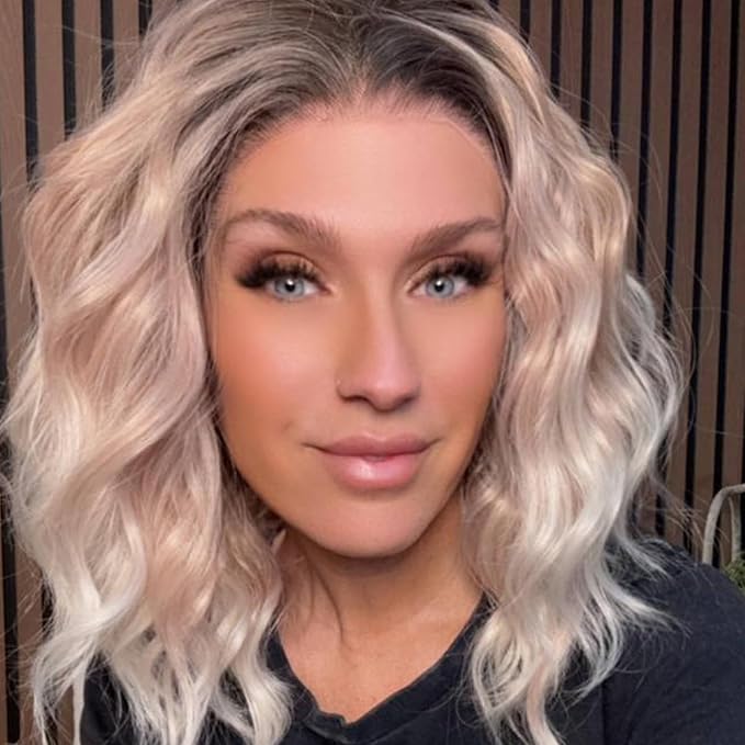 IMSTYLE White Pink Brown Ombre Blonde Lace Front Wigs Short Bob Wavy Wigs Synthetic Hair Wig Free Part with Natural Hairline Shoulder Length for Women (White Brown Ombre Blonde)