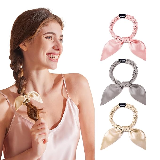 THXSILK 100% Mulberry Silk Bow Scrunchies 3-Pack, 22 Momme Mulberry Silk Hair Ties for Women, Cute Bunny Ear No Damage Ponytail Holders, Fashion Hair Accessories for Girls(S, Light Colors)