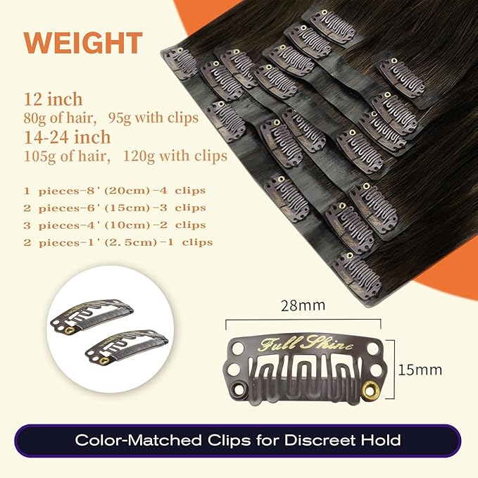 Full Shine Seamless Hair Extensions Clip in 14 Inch Brown Balayage Clip in Hair Extensions Straight Dark Brown Balayage Platinum Blonde Hair Softness 8 PCS 120 Grams