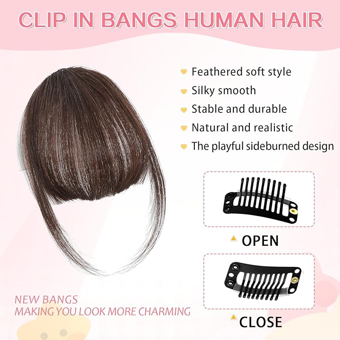 Clip in Bangs 100% Real Human Hair, Wispy Bangs Hair Clip, Fake Bang Fringe with Temples Hairpieces for Women Daily Wear (Medium Brown, Wispy Bangs)