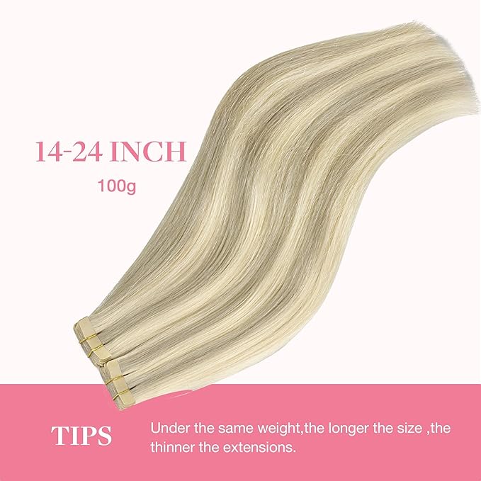 GOO GOO Tape in Hair Extensions Human Hair, 17A/60A Ash Blonde Highlighted Platinum Blonde, 22inch 100g 40pcs, Skin Weft Seamless Invisible, Silky Straight with Thick Ends, Remy Human Hair