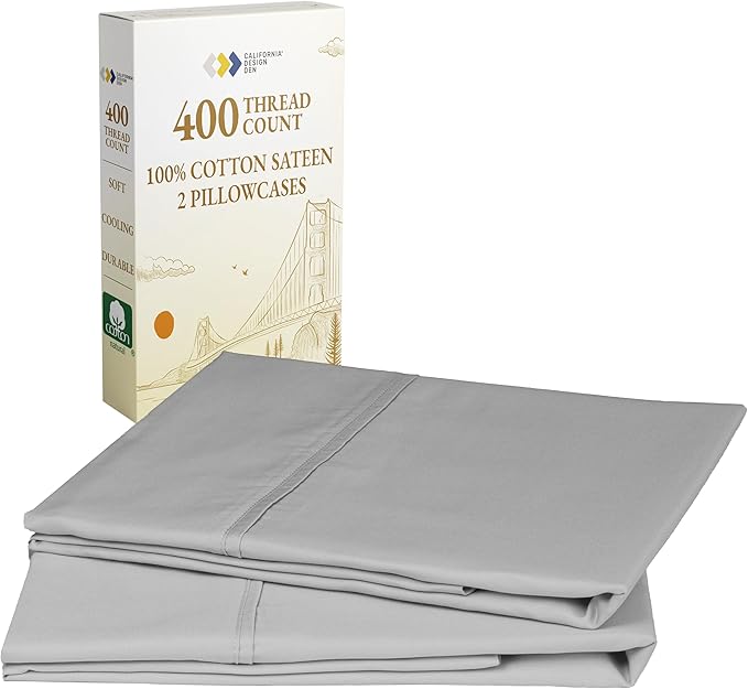 California Design Den Standard Queen Size Pillowcase Set - 400 Thread Count, 100% Cotton Sateen, Set of 2 Pillow Covers, Soft and Breathable - Light Grey