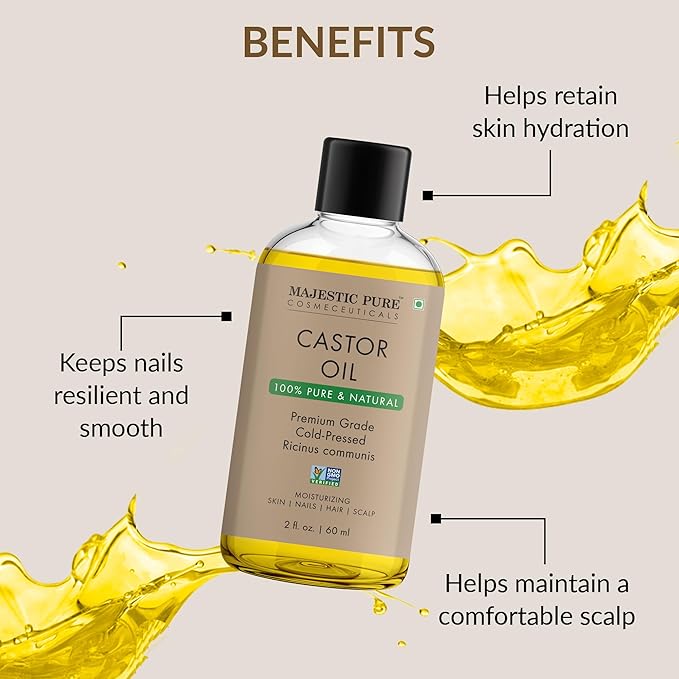 Majestic Pure Castor Oil - 100% Pure & Natural - Premium Grade, Cold Pressed, Hexane Free - Hair, Eyelashes, Eyebrows, Nails - Moisturizing & Nourishing - 2 Fl Oz