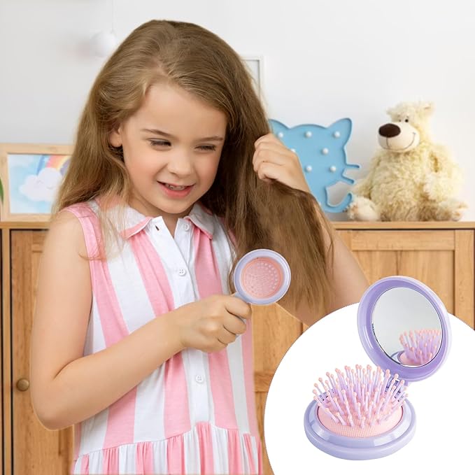 RHOS Hair Brush with Mirror for Women, Girls - Compact Folding Brush with Soft Nylon Bristles and Mirror - Portable Hair Brush for Travel (Purple)