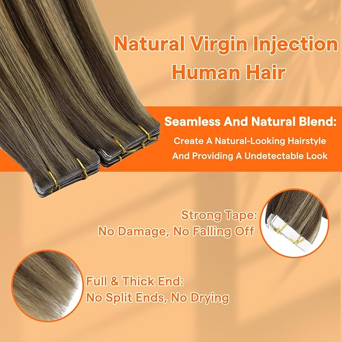Full Shine Intact Tape in Hair Extensions Human Hair Color BM Machine Remy Tape in Extensions 25Gram Seamless Skin Weft Tape Hair Extensions 22 Inch Injection Virgin Tape Extensions 10Pcs