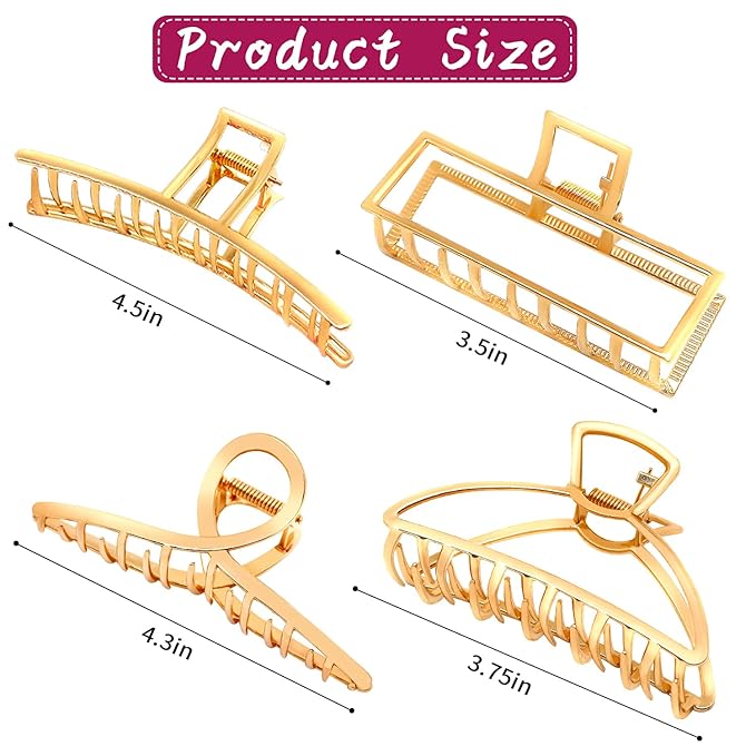 AIBEE Large Metal Hair Claw Clips - 4pcs Nonslip Big Gold Hair Clamps with Strong Hold for Thick and Thin Hair for Women and Girls