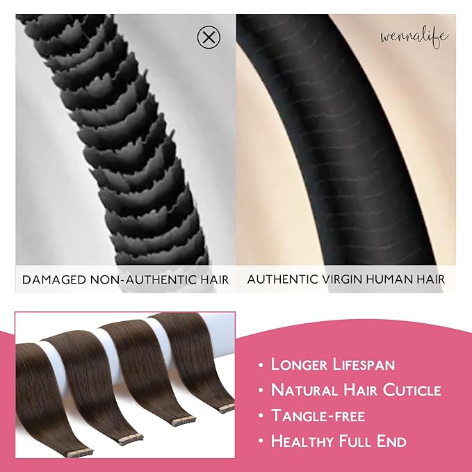 WENNALIFE Tape in Hair Extensions Human Hair Chocolate Brown Tape in Extensions, 10pcs 25g 18 inch Remy Invisible Tape Ins Straight Soft Real Human Hair Tape in Extensions Refill Set Extensions