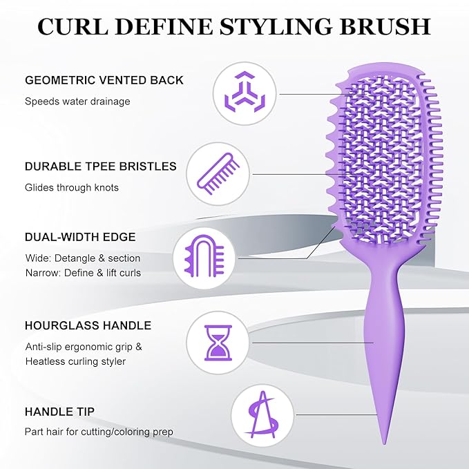 Curl Defining Brush for Thick Coily Hair, Firm-Bristle TPEE Detangling Brush for Coarse 4A–4C Curls, Dual-Sided Wide & Narrow Tooth Brush for Wet & Dry Curl Shaping– Women & Men (2054-Pale Lilac)