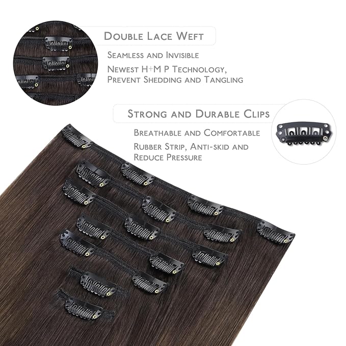 WENNALIFE Clip in Hair Extensions Real Human Hair, 18 Inch 120g 7pcs Human Hair Extensions Clip In Human Hair, Ombre Dark Brown to Light Chestnut Brown Hair Extensions Clip In Real Hair Coloured Remy