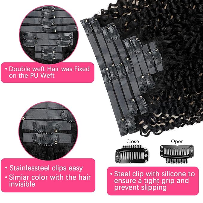 24 Inch Seamless Kinky Curly Clip Ins for Women Kinky Curly Clip on Extension Human Hair Brazilian Remy Human Hair Extensions Natural Black Clip ins 8 Pcs with 18 Clips 120g/Set