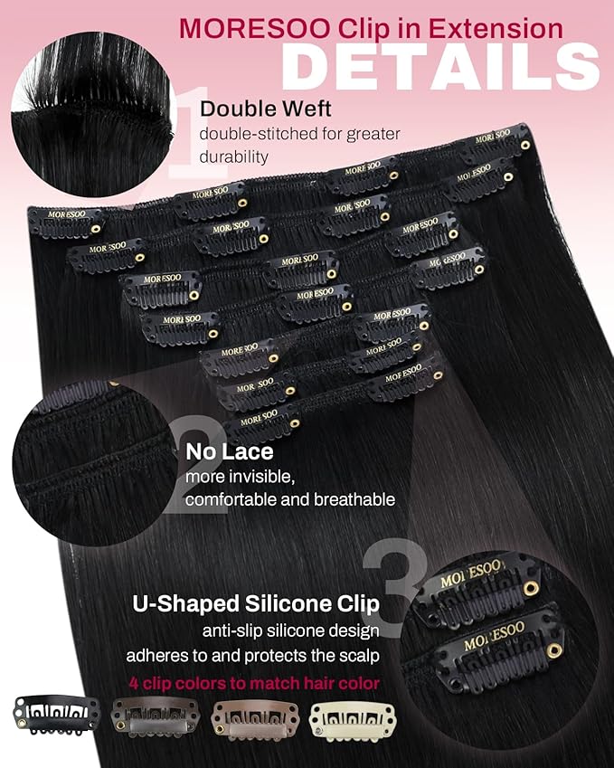 Moresoo Black Clip in Hair Extensions Real Human Hair Jet Black Double Weft Clip in Human Hair Extensions Remy Natural for Women to Add Volume Long 135g/7pcs 18 inch