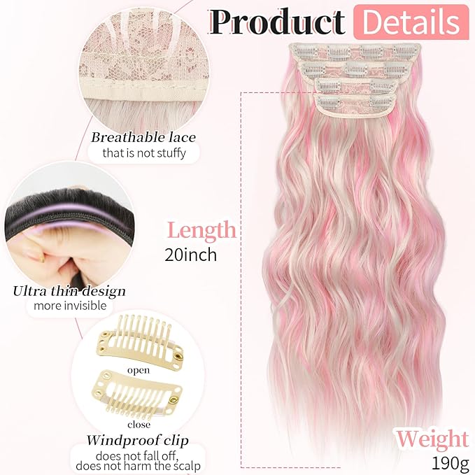 KooKaStyle Clip in Synthetic Hair Extensions Long Wavy 4PCS Thick Hairpieces Blonde with Pink Highlight Fiber Double Weft Natural Hair Extensions 20 Inch for Women