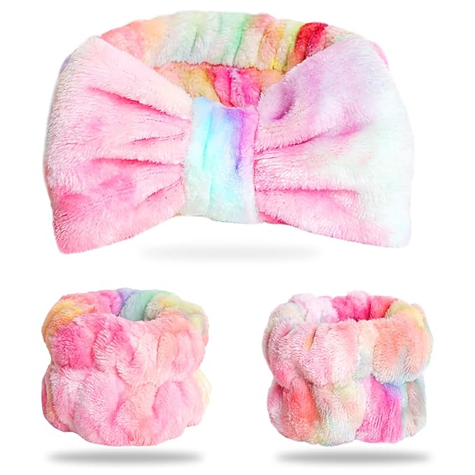 WSYUB Spa Headband and Wrist Bands, Makeup Headband and Wrist Towels for Washing Face, Fuzzy Bow Headbands, Soft Facial Head Bands, Shower Skincare Hair Sleepover Party Supplies