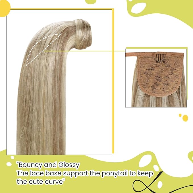 RUNATURE Real Hair Ponytail Extension, Human Hair Ponytail Extension for Women, Wrap Around Ponytail with Magic Paste, 16 Inch 80g #8P60 Ash Brown Highlight Platinum Blonde
