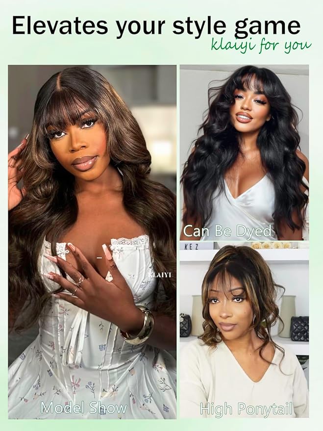 KLAIYI Ombre Brown Loose Body Wave Bye Bye Knots Glueless Precut 7x5 HD Lace Front Human Hair Bang Wig Drawstring Highlight Balayage Brown Pre Plucked Bleached 30S Ready to Wear and Go Wig 180% 14Inch