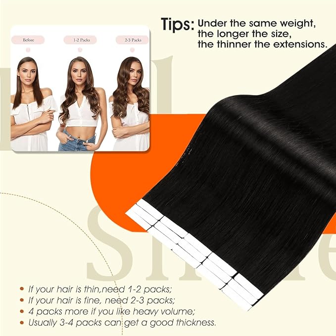 Full Shine Black Injected Tape in Extensions Real Human Hair Color 1B Off Black Invisible Remy Tape in Hair Extensions Human Hair Cuticles Aligned Seamless Short Straight Skin Weft 14Inch 40G 20Pcs
