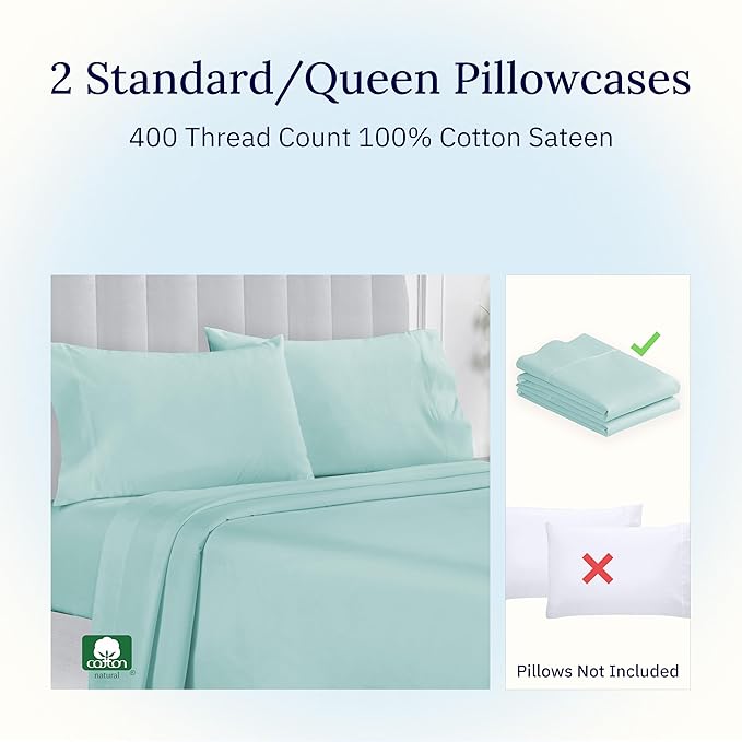 California Design Den Standard Queen Size Pillowcase Set - 400 Thread Count, 100% Cotton Sateen, Set of 2 Pillow Covers, Soft and Breathable - Seafoam