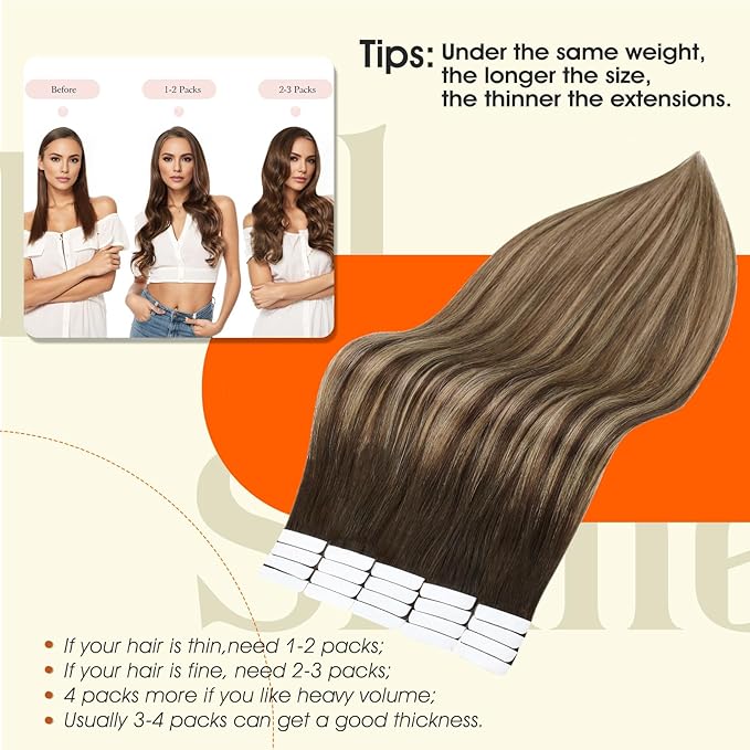 Full Shine Balayage Tape in Hair Extensions Human Hair 14Inch Tape in Extensions 2/3/27 Brown To Caramel Blonde Ombre Seamless Skin Weft Tape ins Human Hair Extensions Straight Extension 50G 20Pcs