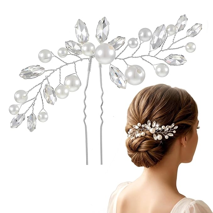 Wedding Pearl Hair Pin 12 x 8 cm Silver Leaf Bridal Hair Clips Accessories with Rhinestones and Flowers for Women