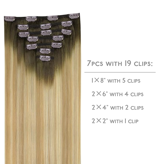 WENNALIFE Clip in Hair Extensions - Real Human Hair, 24 Inch 120g 7pcs, Balayage Light Ash Brown to Light White Blonde