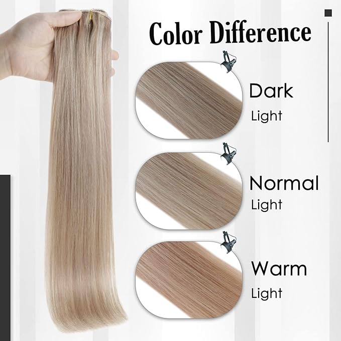 Full Shine Clip in Hair Extensions Ash Blonde Highlights 16 Inch 3 Pcs 60 G Lightweight Clip in Hair Extensions for Thin Hair