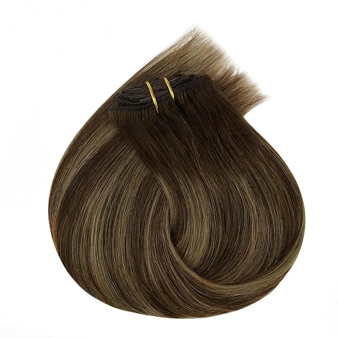 Ve Sunny Clip in Human Hair Extensions Dark Brown Balayage Caramel Blonde Human Hair Clip in Extensions 14inch Short Hair Extensions Real Human Hair Clip ins 100g 7Pcs