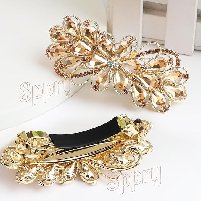 Large Gorgeous Rhinestone Hair Barrette for Women, Flower Jewelry Design (Pink)