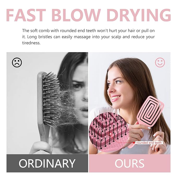 Detangling Brush, Dry and Wet Vented Detangler Hair Brush for Women and Men, Professional Paddle Curved Styling Hairbrush for Wet/Dry/Curly/Thick/Long/Damaged Hair, Pink