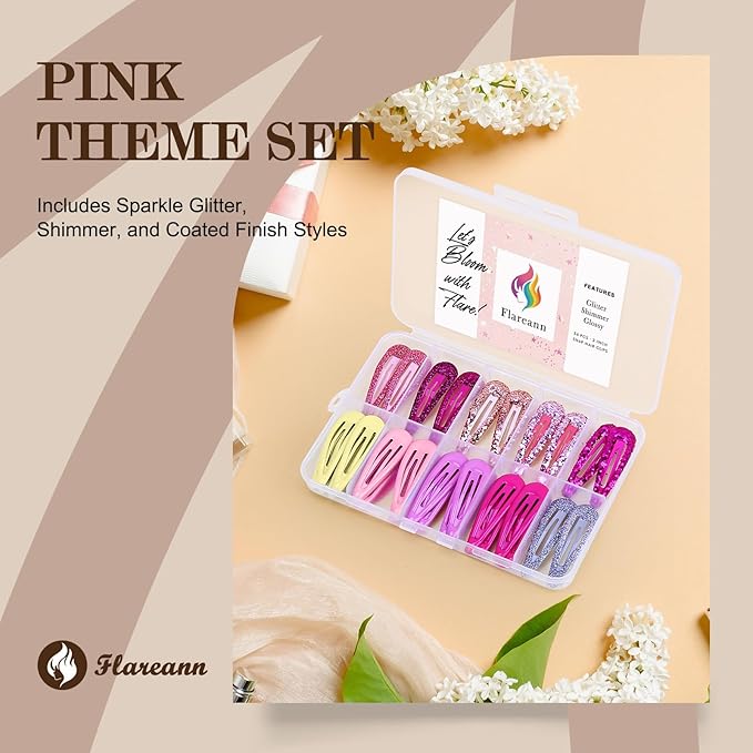 Glitter Pink Snap Hair Clips by FLAREANN – 36 PCS 2 Inch Non-Slip Metal Barrettes for Girls & Women in Glitter, Shimmer & Glossy Finishes – Cute Pink Hair Clips for Everyday Styling & Gifting