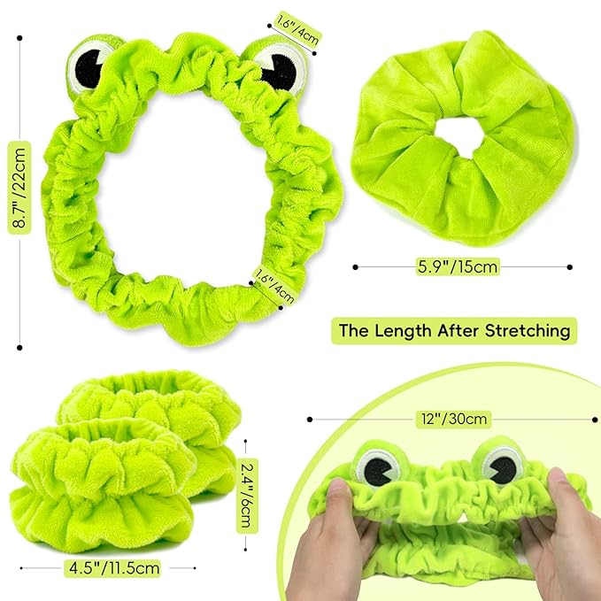 Face Wash Headband, Skincare Headband Wrist Bands For Washing Face Set Spa Hair Bands come with a Hair Scrunchie Cute Green Frog Elastic for Makeup Girls Women