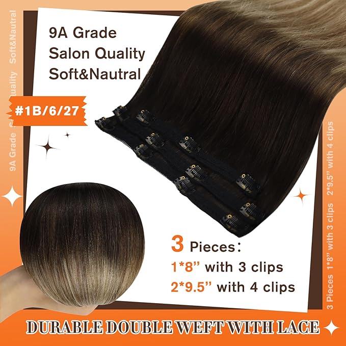 Full Shine Invisible Clip in Hair Extensions Human Hair 18 Inch Natural Black Ombre to Brown with Caramel Blonde Lace Weft Human Clip in Hair Extensions 3 PCS 60 G