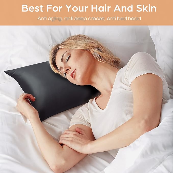 Silk Pillowcase for Hair and Skin, 2 Pack 100% Mulberry Silk Pillowcase 25 Momme, 600 Thread Count, Both Side Pure Silk Pillow Cover with Hidden Zipper (BlackGray, Standard 20''×26'')
