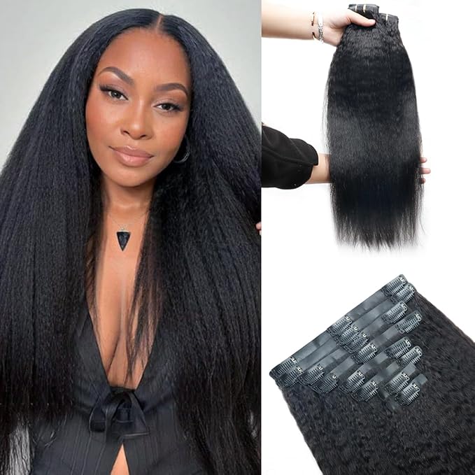 Kinky Straight Clip in Hair Extensions Real Human Hair 2 Pack 240g Seamless Clip in Hair Extensions for Women Full Max with 16Pcs PU Skin Weft 24inch Natural Black