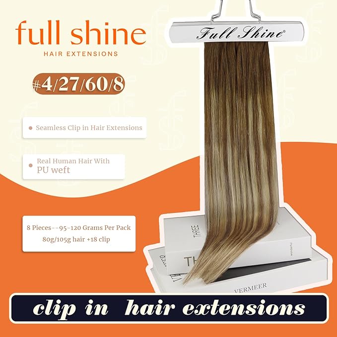 Full Shine Clip in Human Hair Extensions Balayage Seamless Clip ins Brown to Caramel Blonde and Platinum Blonde and Light Brown Hair Extension Clip ins 16 Inch 8 PCS 120 G