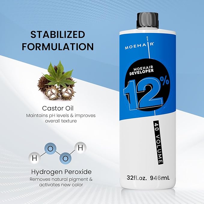 MOEHAIR Hair Developer 12% Hydrogen Peroxide | 40 Volume Developer | Lifts up to 6 Levels | Professional-Use 40V Developer | High Lifting Action | Paraben-Free | Peach Fragrance – 32 Fl. Oz