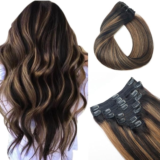 Balayage Clip in Hair Extensions Real Human Hair Straight Remy Human Hair Clip ins for Women, Natural Soft Human Hair, 8Pcs 120g, 30inch #1B/6/1B Balayage Natural Black to Chestnut Brown